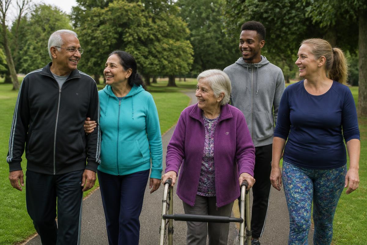 A mixed-age walking group, including a woman using a walking frame, enjoying a park together