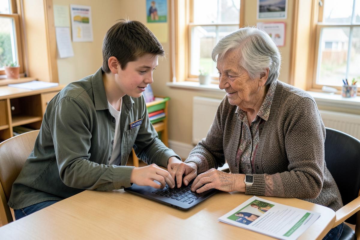 A young volunteer patiently helping an older woman use a laptop at a community centre table