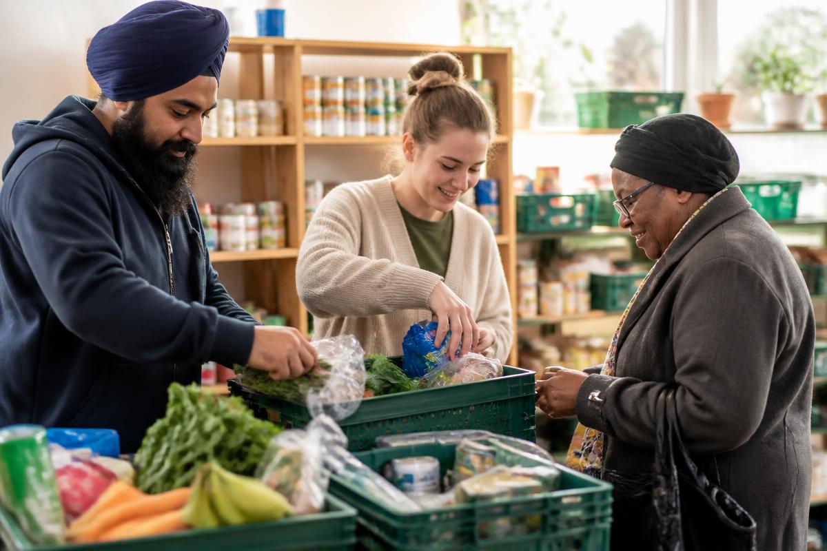 Volunteers of different backgrounds packing fresh food and essentials at a community pantry