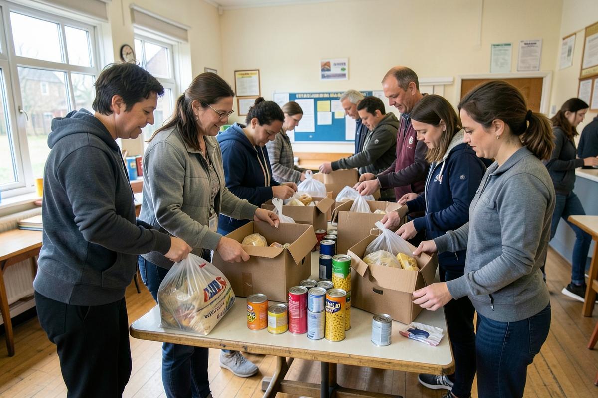Volunteers of different ages packing food parcels into boxes and bags on a table in a community hall