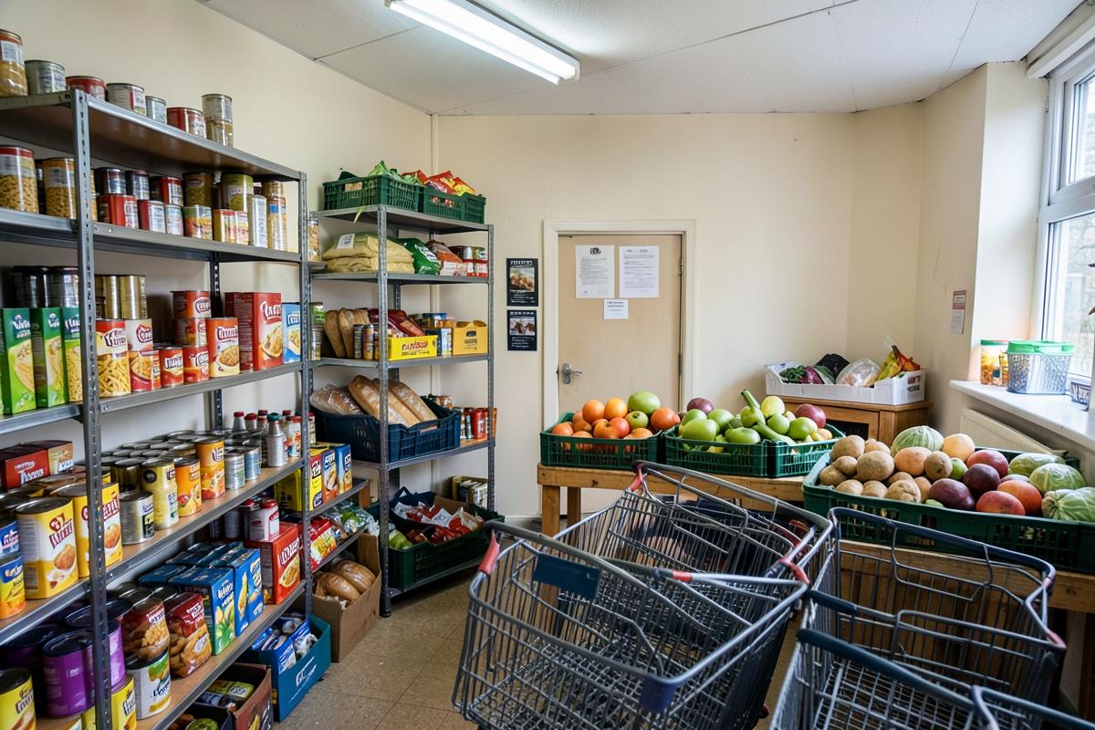 Shelves of tinned food, cereals and bread beside crates of fresh fruit and vegetables in a community food shop