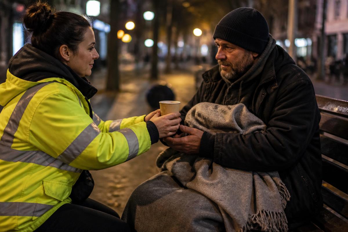 An outreach worker offering a hot drink and a blanket to a man sleeping rough on a city street