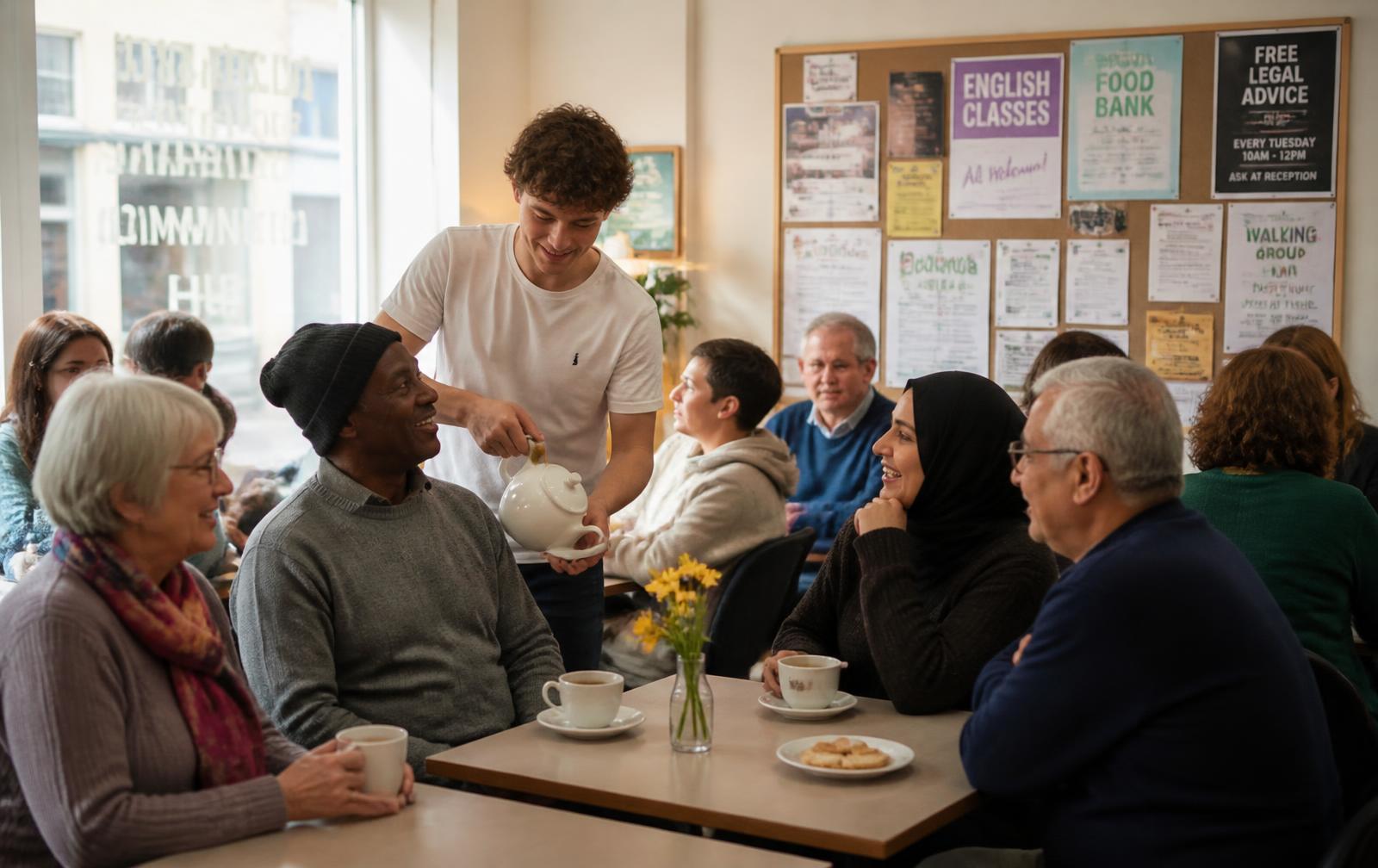 Local residents of different ages and backgrounds talking over tea and coffee in a welcoming community hub, with a volunteer pouring tea