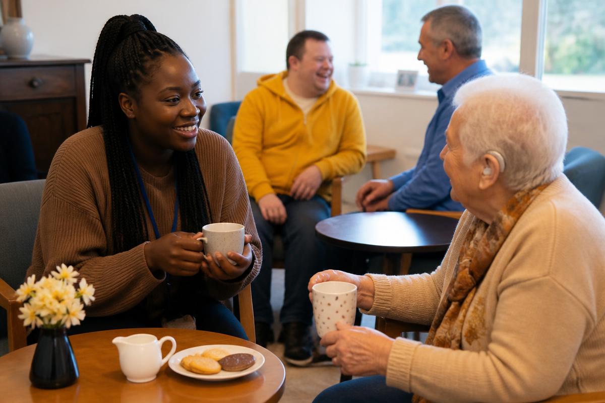 A young volunteer sharing tea with an older woman while other members of a befriending group chat nearby