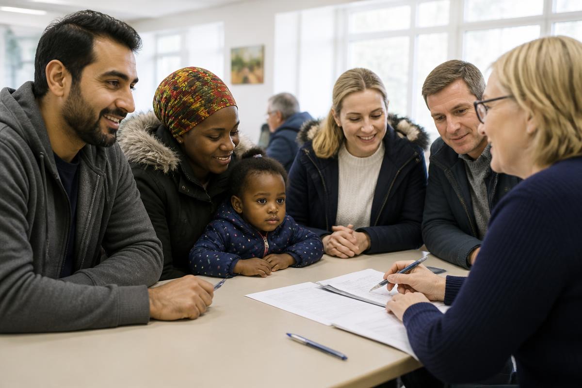 People new to the UK from a range of backgrounds getting help with paperwork from a volunteer