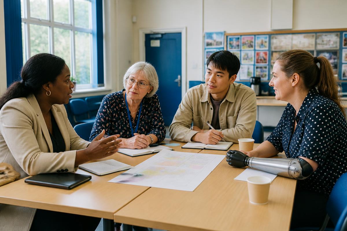 Partners from a business, a local authority and community organisations planning together around a table