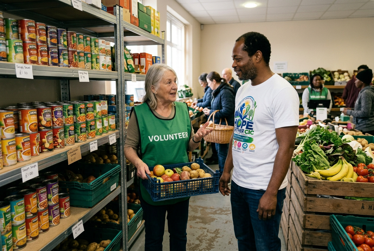 Peter Jonathan talking with a volunteer holding a crate of fresh produce in the community food area