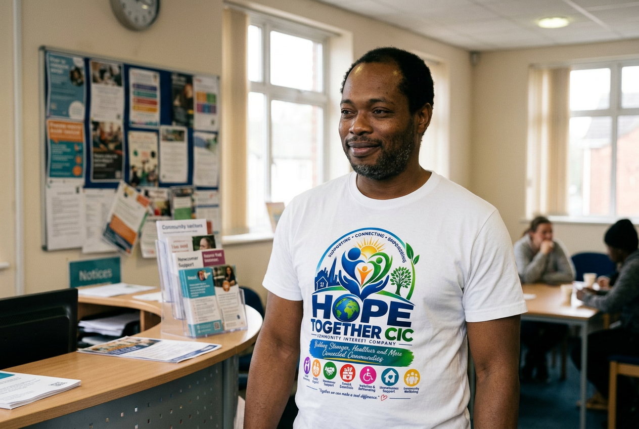 Peter Jonathan in a Hope Together CIC staff T-shirt welcoming visitors at a community centre reception
