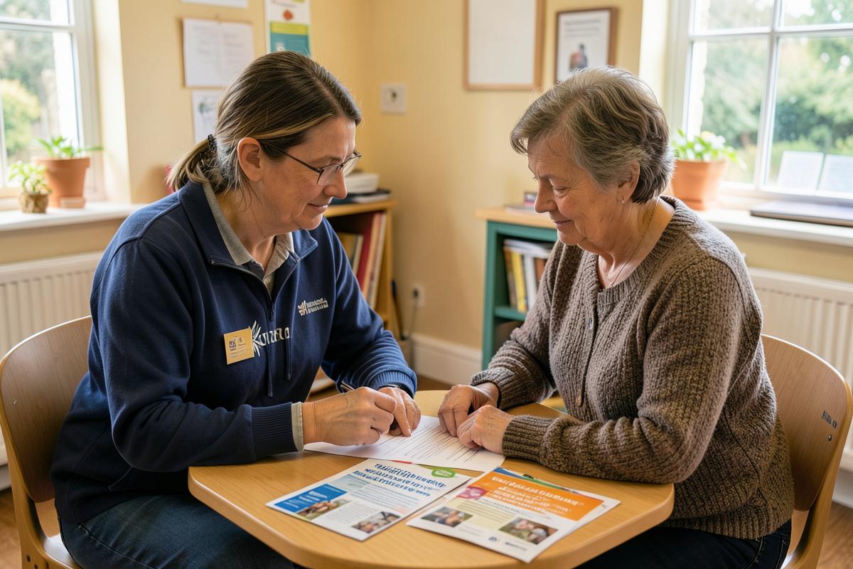 A support worker and a local resident going through a form together with service leaflets on the table