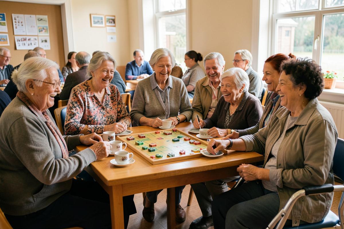 Older community members from a range of backgrounds laughing over a board game and cups of tea