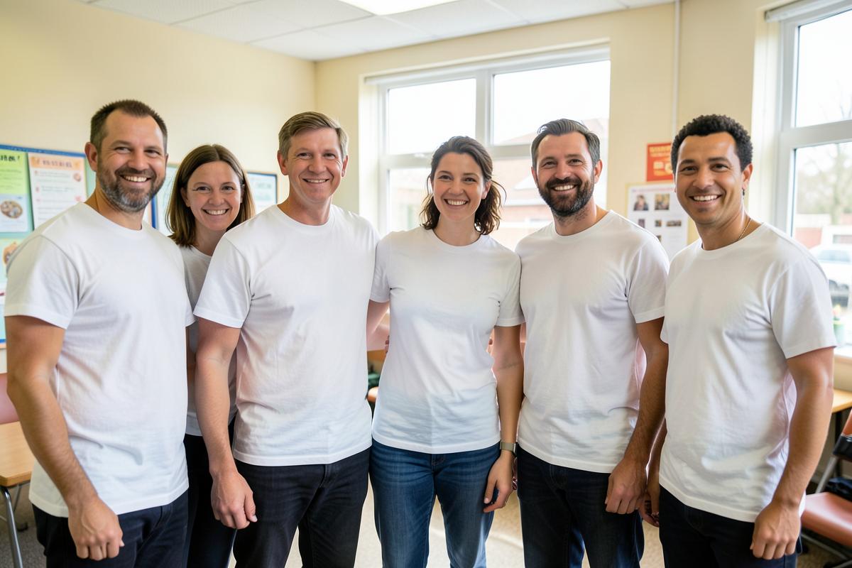 A diverse volunteer team standing together informally inside a community centre