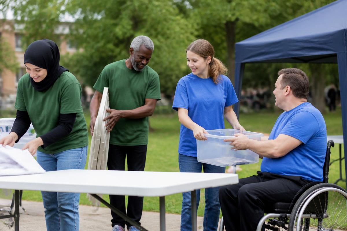 Volunteers of different ages, backgrounds and abilities setting up tables for a community day