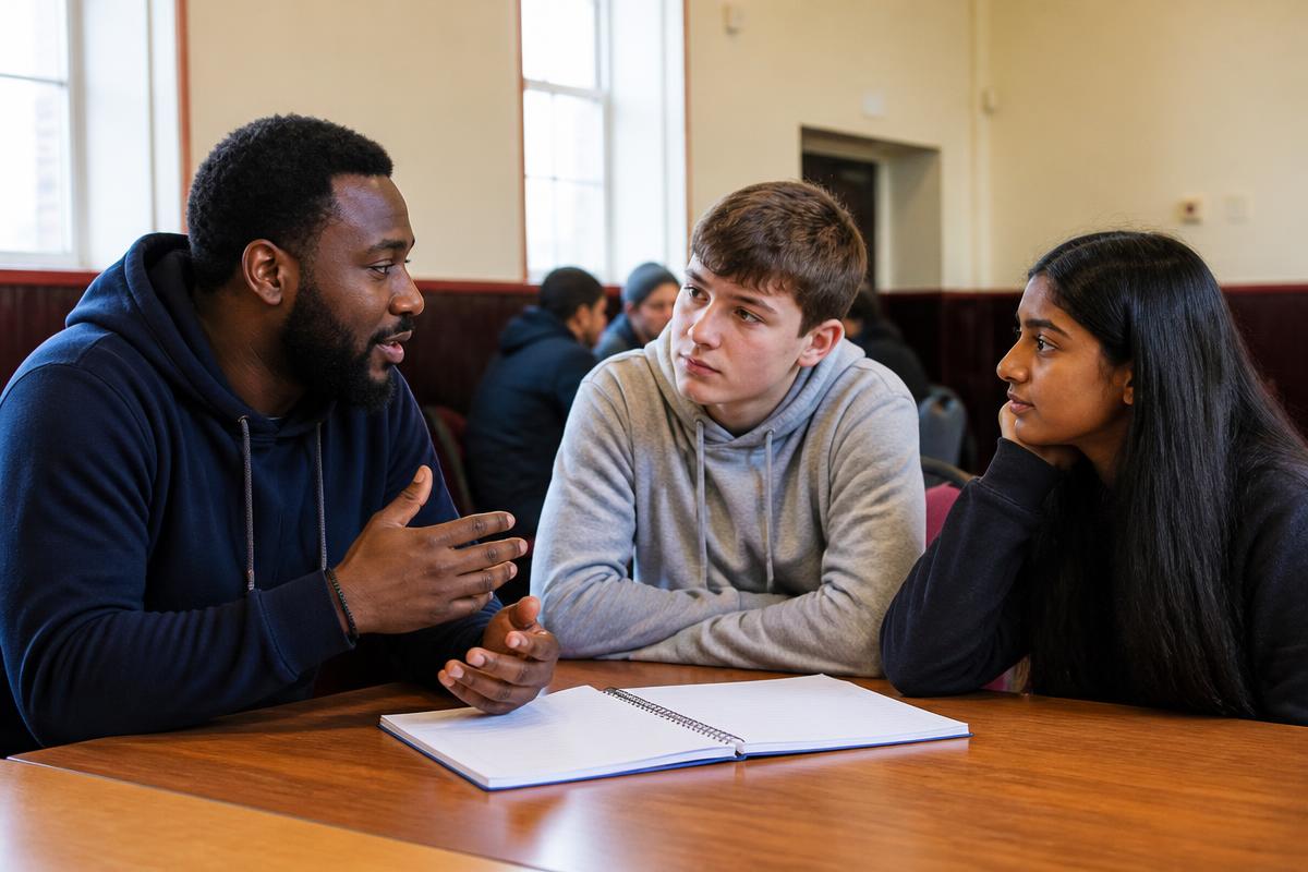 A Black mentor talking with two teenagers, one white and one South Asian, at a community youth session